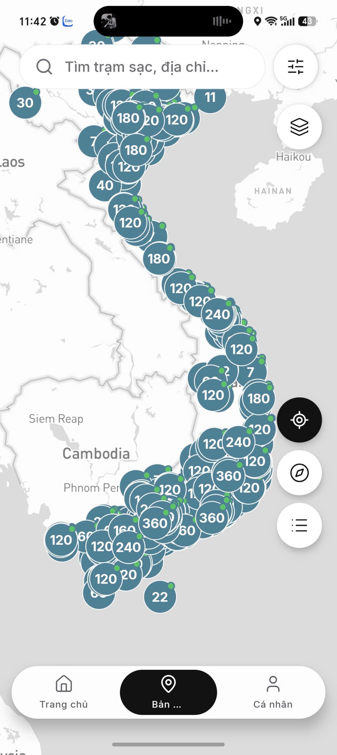 Bản đồ trạm sạc trên ứng dụng O&J Connect